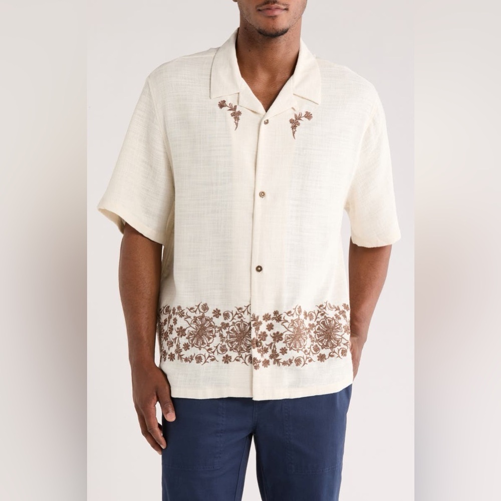PacSun Remi Floral Embroidered Slub Cotton Camp Shirt Cream